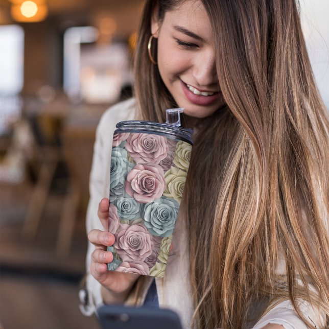 Garrafa Térmica Flor Rosa 3D (3D Pink Floral Thermal Tumbler)