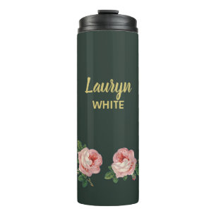 Garrafa Térmica Flor rosa e folhas em verde escuro