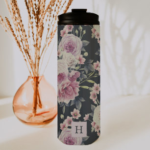 Garrafa Térmica Florais Escuros Elegantes em Preto   Tumbler Monog