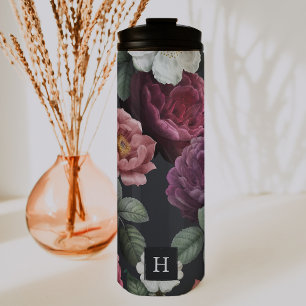 Garrafa Térmica Florais Escuros Elegantes em Preto Tumbler Monog