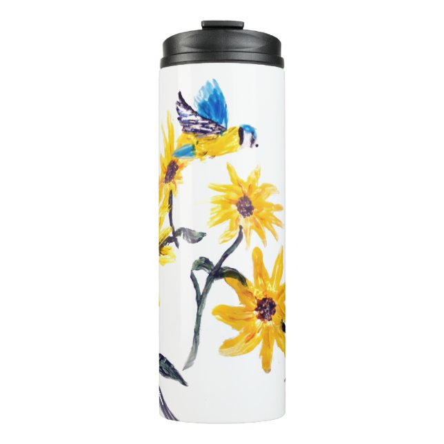 Garrafa Térmica Floral Bird Art Bluetit Sunflower (Frente)
