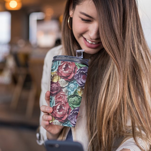 Garrafa Térmica Floral botânico azul e rosa 3D (3D Pink and Blue botanical Floral Thermal Tumbler)