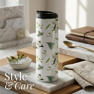 Garrafa Térmica Floral Branco Verde Suave e Elegante