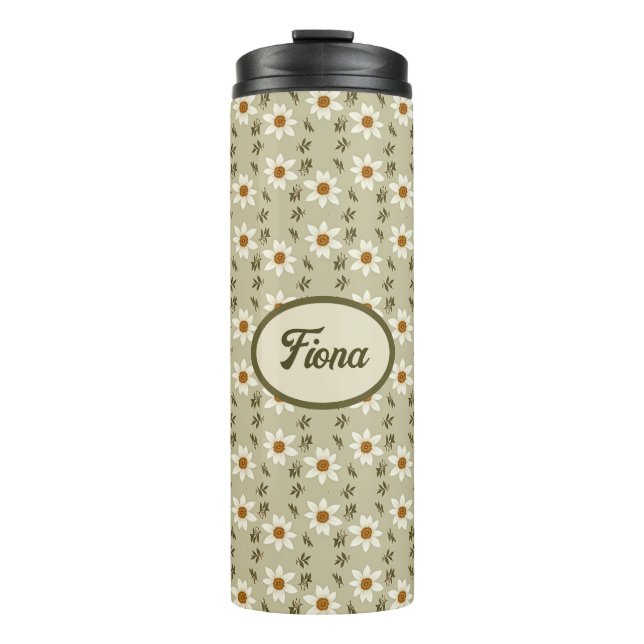 Garrafa Térmica Floral Decorativo em Branco e bege Personalizado (Frente)