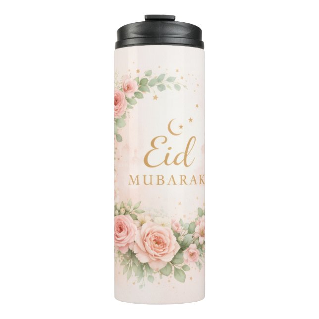 Garrafa Térmica Floral Eid Mubarak – Presente Islâmico Rosa Bege (Frente)