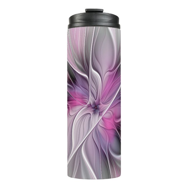 Garrafa Térmica Floral Fractal Moderno Abstrato Flor Rosa Cinza (Frente)
