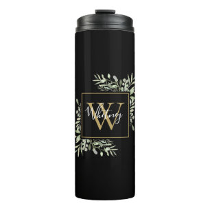 Garrafa Térmica Floral Monograma Verde Personalizada em Ouro Preto