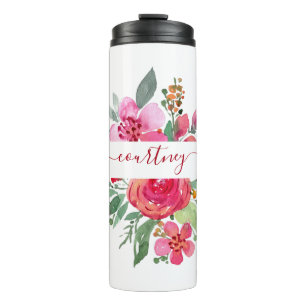Garrafa Térmica Floral personalizado com aquarela rosa