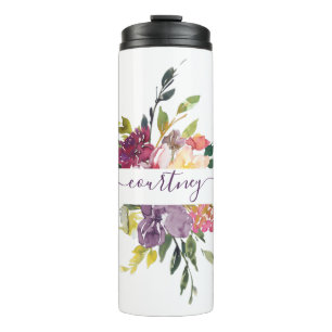 Garrafa Térmica Floral personalizado com aquarela roxa e vermelha