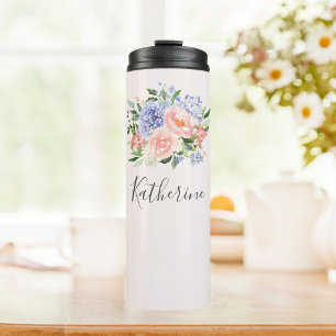 Garrafa Térmica Floral Primavera Azul Rosa com Monograma em Aquare