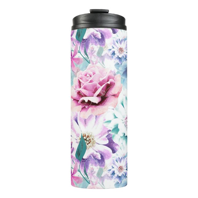 Garrafa Térmica Flores azuis, cor de água rosa. (Frente)