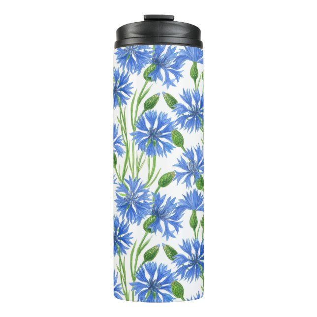 Garrafa Térmica Flores azuis, flores silvestres e flores brancas (Frente)
