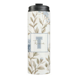 Garrafa Térmica Flores Azuis Marrom Creme Monograma Nome Inicial