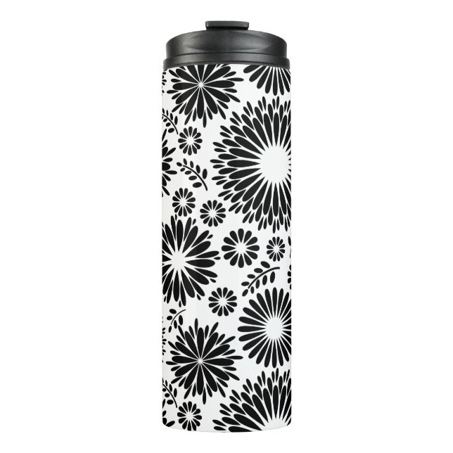 Garrafa Térmica Flores boho Padrão floral vetorial preto e branco (Frente)