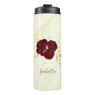 Garrafa Térmica flores bordô folhas douradas mármore