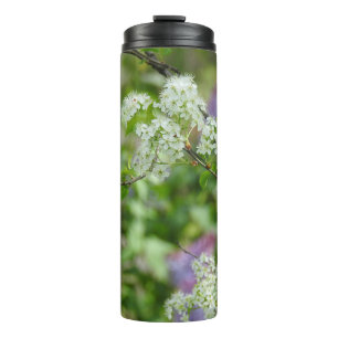 Garrafa Térmica Flores brancas e lilases púrpuras