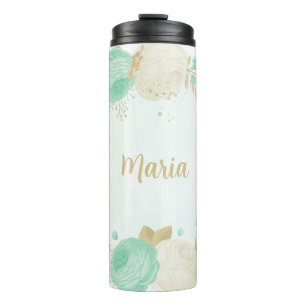 Garrafa Térmica flores brancas verde menta dourado floral