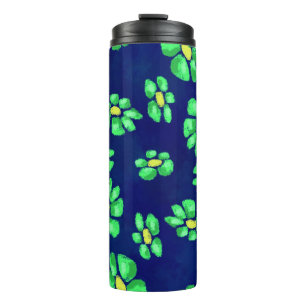 Garrafa Térmica Flores Brancas Verdes Aspiram em Fundo Azul
