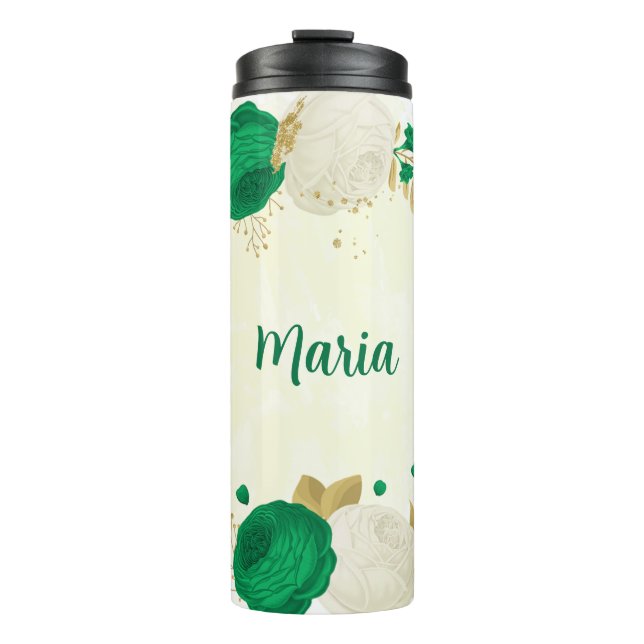 Garrafa Térmica flores brancas verdes dourado botânico (Frente)