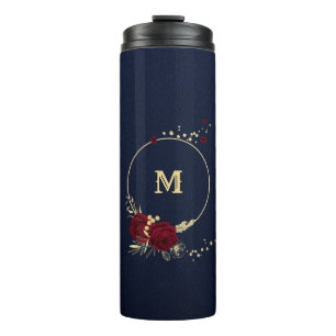 Garrafa Térmica Flores burgundy elegantes douradas azuis-marinho