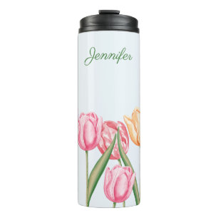 Garrafa Térmica Flores Coloridas de Tulipas em Aquarela Com Nome P