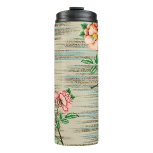 Garrafa Térmica Flores cor-de-laranja e cor-de-rosa com folhas ver