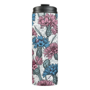 Garrafa Térmica Flores cor-de-rosa e azuis, flores silvestres, bra