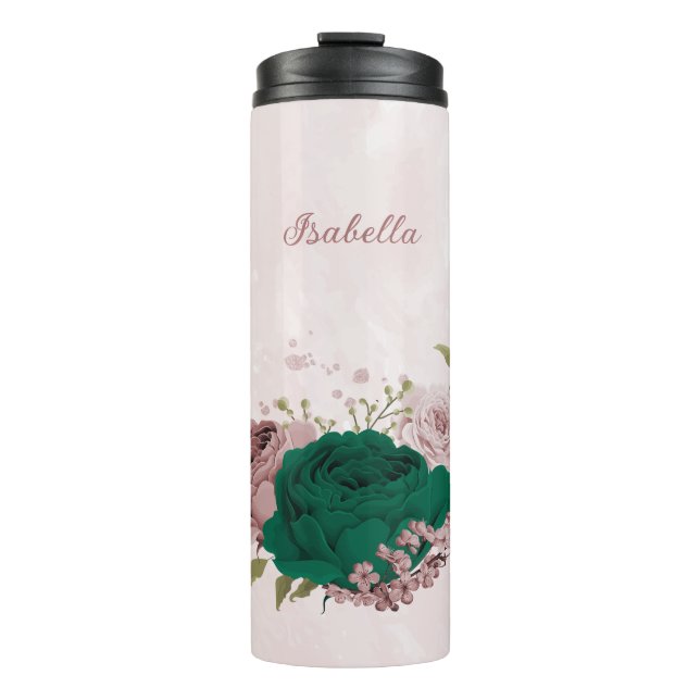 Garrafa Térmica flores cor-de-rosa esmeralda verde casamento (Frente)