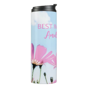 Garrafa Térmica Flores Cor-de-Rosa Floral Nome da Mamãe Dia das Mã