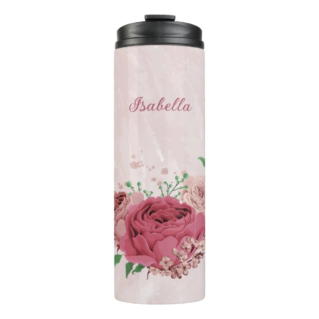Garrafa Térmica flores cor-de-rosa folhas verdes casamento (Frente)