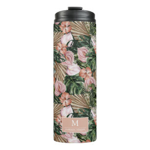 Garrafa Térmica Flores cor-de-rosa-rosa tropicais folhas