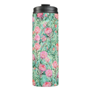 Garrafa Térmica Flores cor-de-rosa, verde-sábio, sem costura.