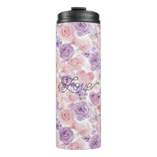 Garrafa Térmica Flores Corações Bege Rosa Roxo