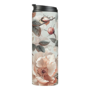 Garrafa Térmica Flores-creme com folhas de cinza em cinza-clara