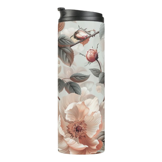 Garrafa Térmica Flores-creme com folhas de cinza em cinza-clara (Rotação à direita)