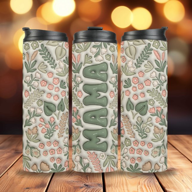 Garrafa Térmica Flores de Boho Verde 3d Mama Inflada (3D Inflated Green Boho Flowers Mama Thermal Tumbler)