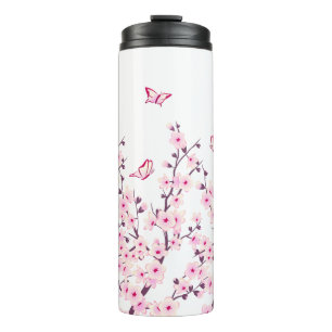 Garrafa Térmica Flores de Cerejeira Borboletas Rosa Branco