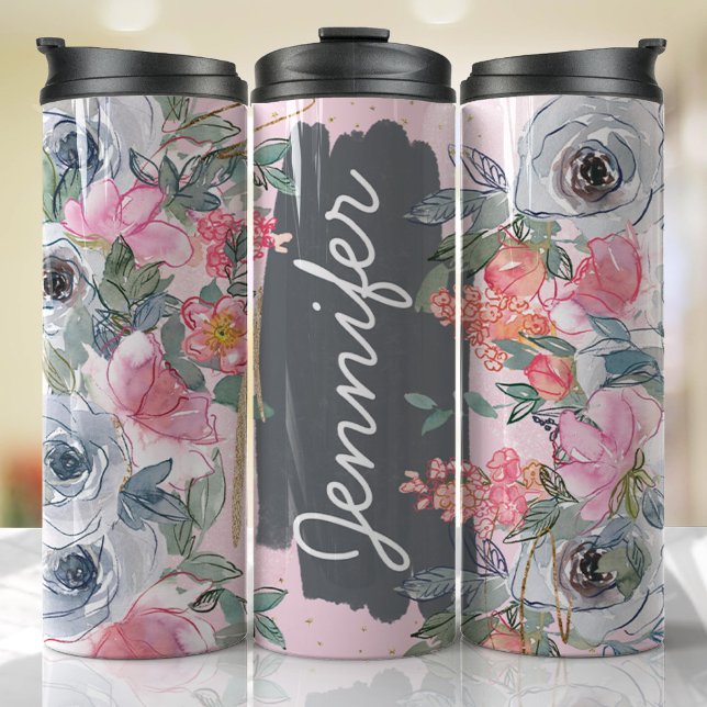 Garrafa Térmica Flores de Cinza Rosa Adicionar Nome Presente Perso (Floral Personalized Tumbler)
