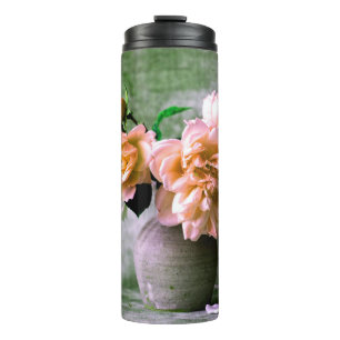 Garrafa Térmica Flores de coral em laranja cor-de-rosa com Cinza