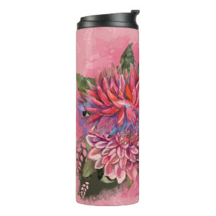 Garrafa Térmica Flores de dálias rosa aquarela