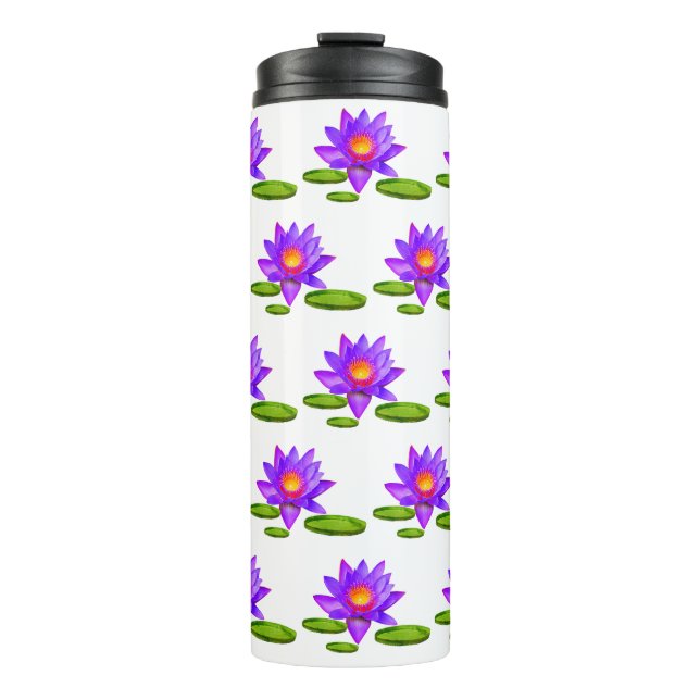 Garrafa Térmica Flores de Lótus Roxo & Folhas de Nenúfar em Branco (Frente)