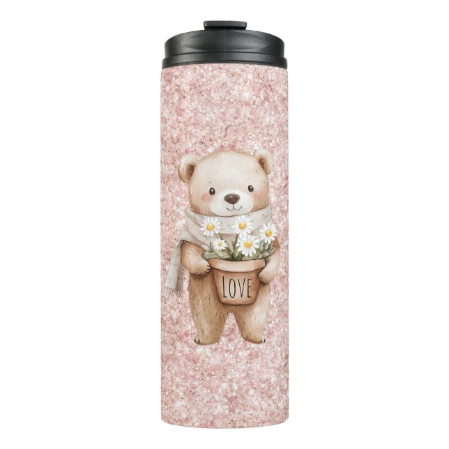 Garrafa Térmica Flores de Margarida de Urso Doce Brilho Rosa (Frente)