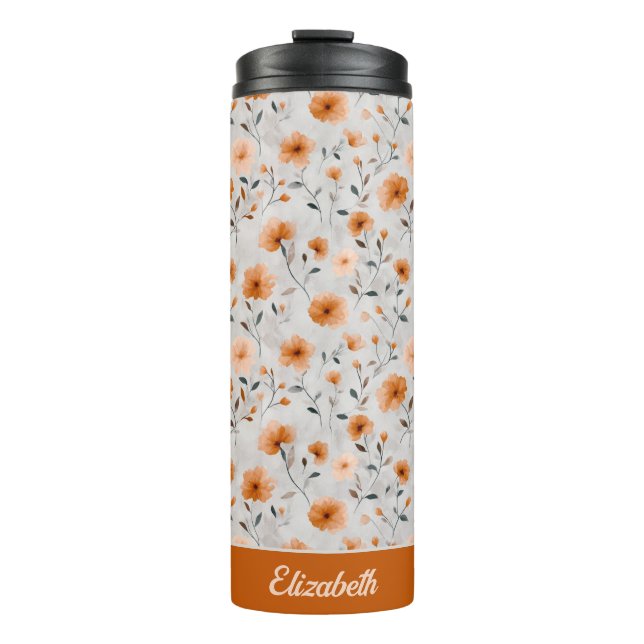 Garrafa Térmica Flores de Outono de Aquarela Nome Personalizado Fl (Frente)