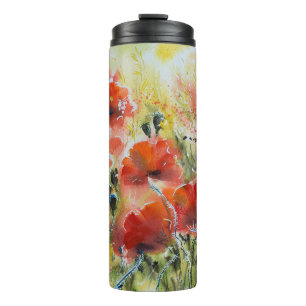 Garrafa Térmica Flores de papoila vermelhas, cor d'água macia.