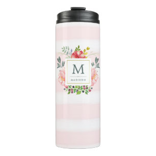 Garrafa Térmica Flores de Pedônio Aquarela com Monograma e Listra