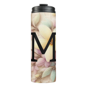 Garrafa Térmica Flores de rendas monograma, cor-de-rosa e amarelas