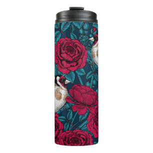 Garrafa Térmica Flores de rosa vermelha e aves-pintadas