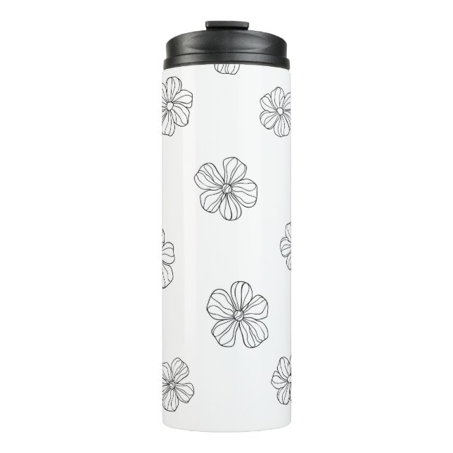 Garrafa Térmica Flores desenhadas em preto sobre fundo branco. Sea (Frente)