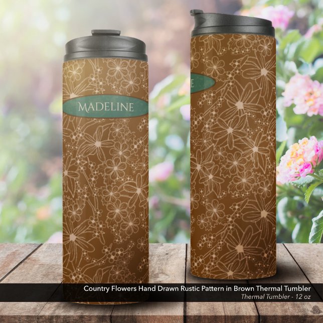 Garrafa Térmica Flores-do-campo Padrões Desenhados de Mão Marrom R (Country Flowers Hand Drawn Rustic Pattern in Brown with the Name Forest Green Thermal Tumbler)