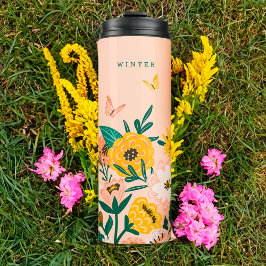 Garrafa Térmica Flores e Borboletas Amarelas bonito